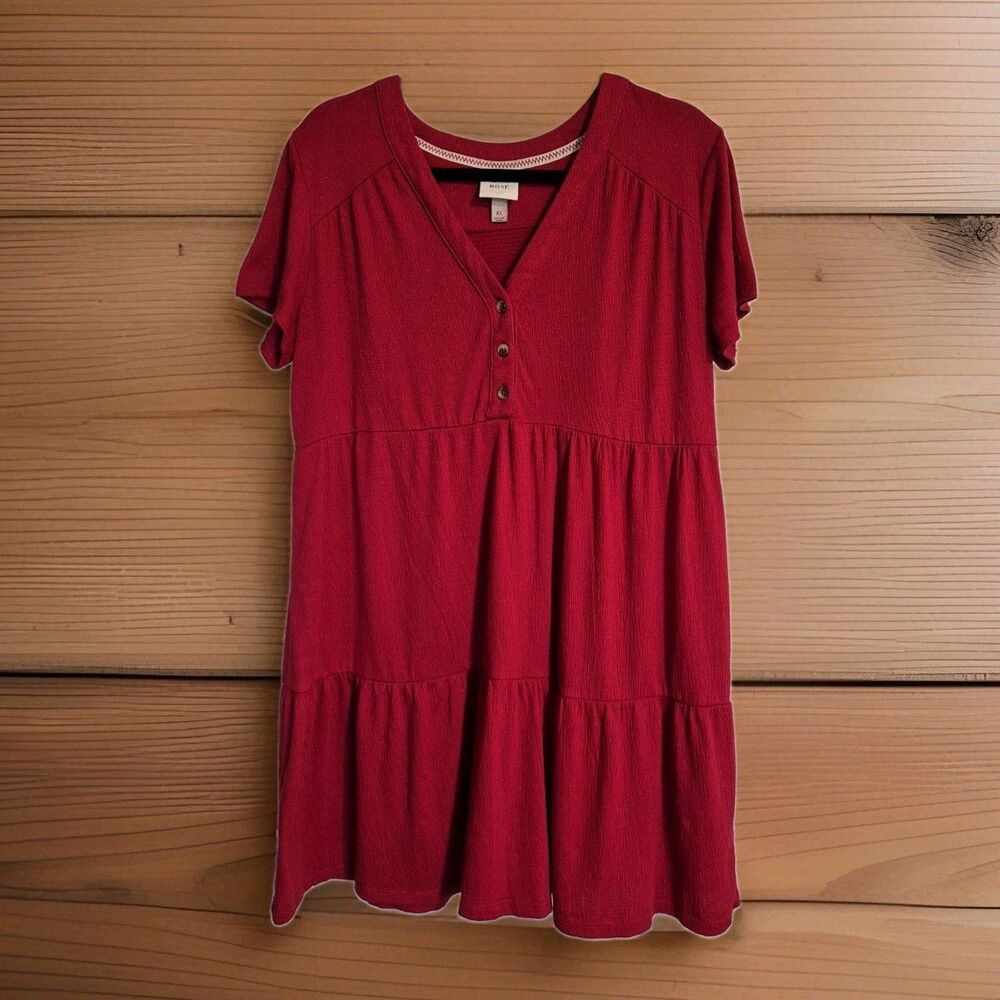 Knox Rose Red Tiered Henley Mini Dress Womens XL Boho Knit Short Sleeve EUC